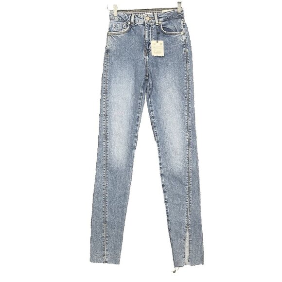 Zara‎ Jeans Womens 2 Blue Skinny Split Raw Hem High Rise Denim Light Wash NWT - Picture 1 of 15